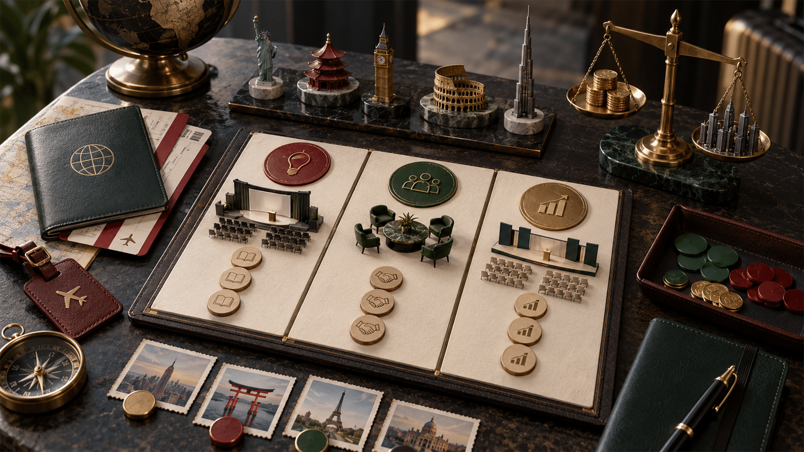 A dark travel-planning table holds city miniatures, blank conference badges, a passport sleeve, tokens and a brass budget scale.