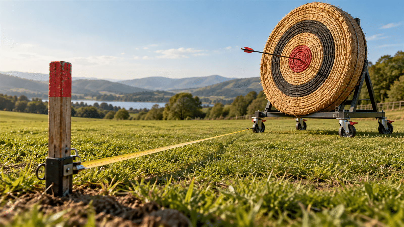 A wheeled archery target with an arrow in its center stands opposite a fixed survey stake joined to it by a measuring tape.