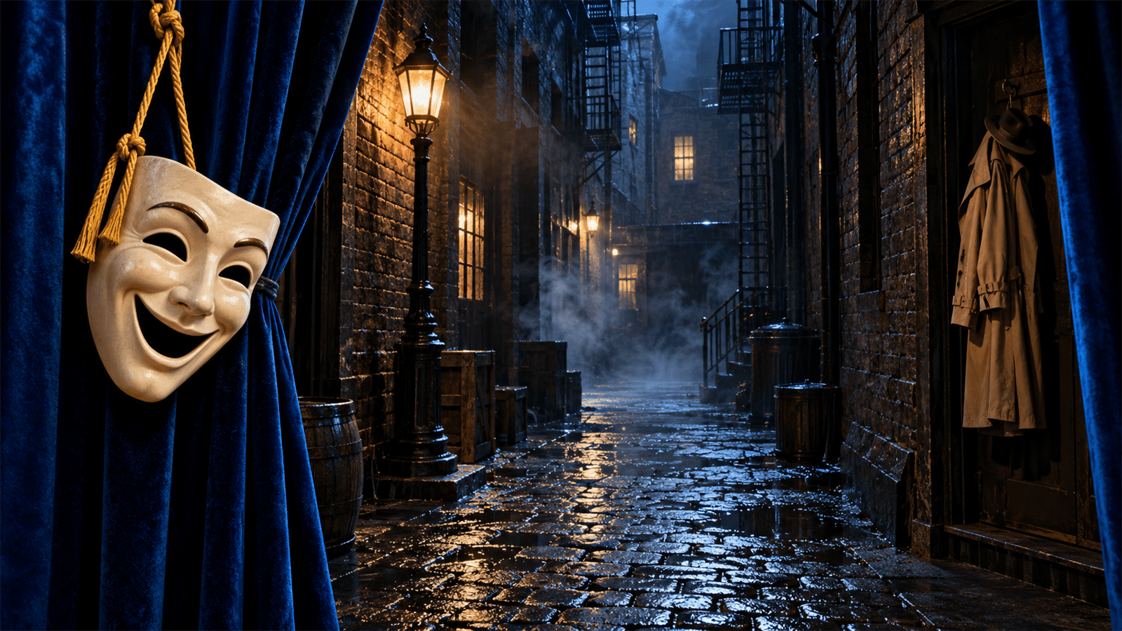 A smiling ivory comedy mask hangs on a blue stage curtain in front of a rain-soaked noir alley set with a detective coat.