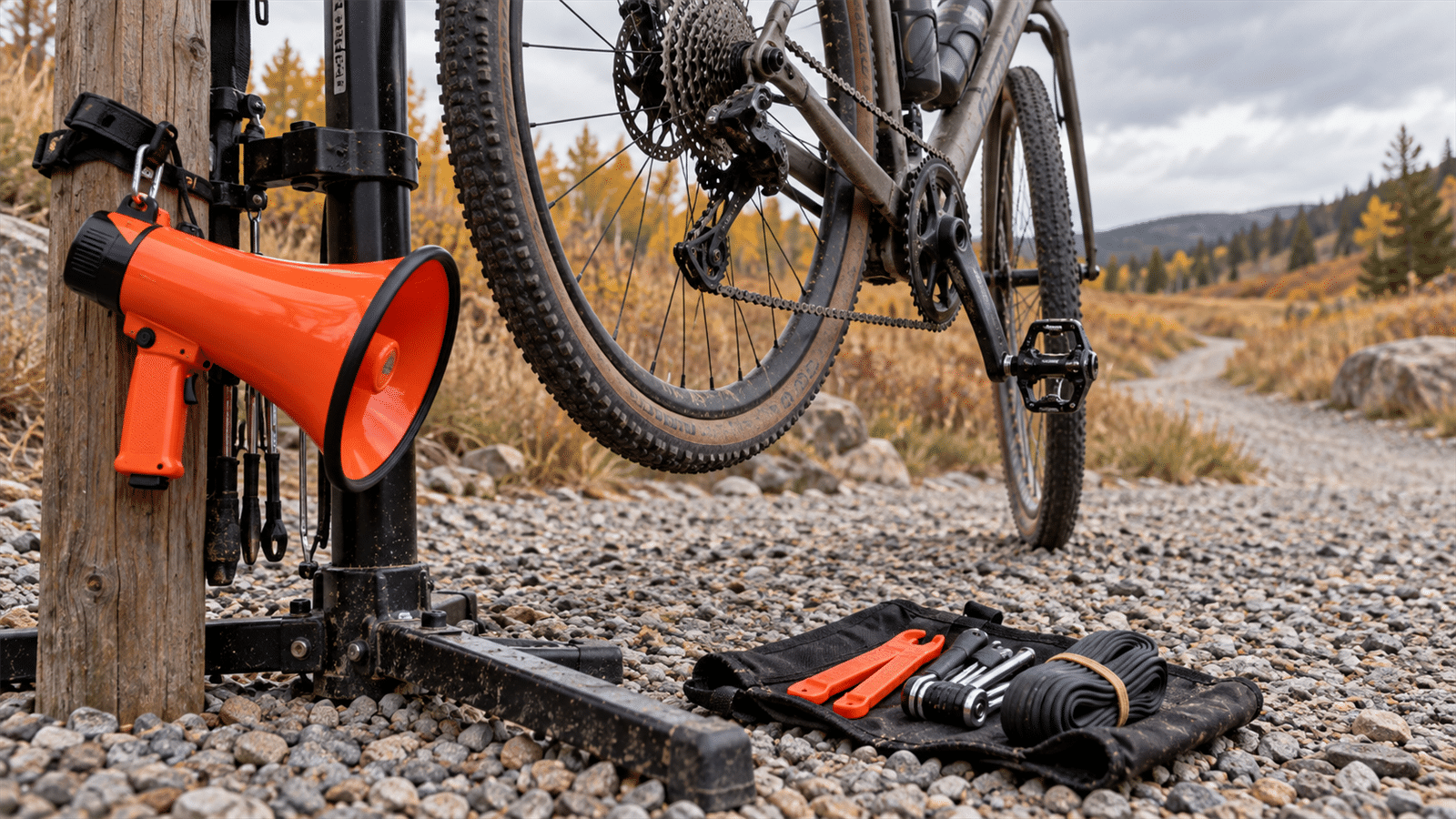 An orange megaphone hangs beside a bicycle repair stand and tire tools on a gravel trail, representing a focused message for a specialist community.