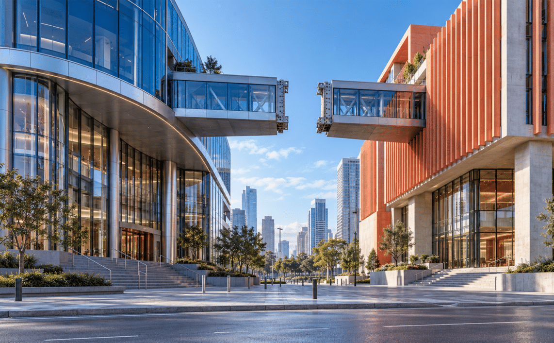 Two distinct blue and coral buildings have separate entrances and an unfinished skybridge with a visible gap.
