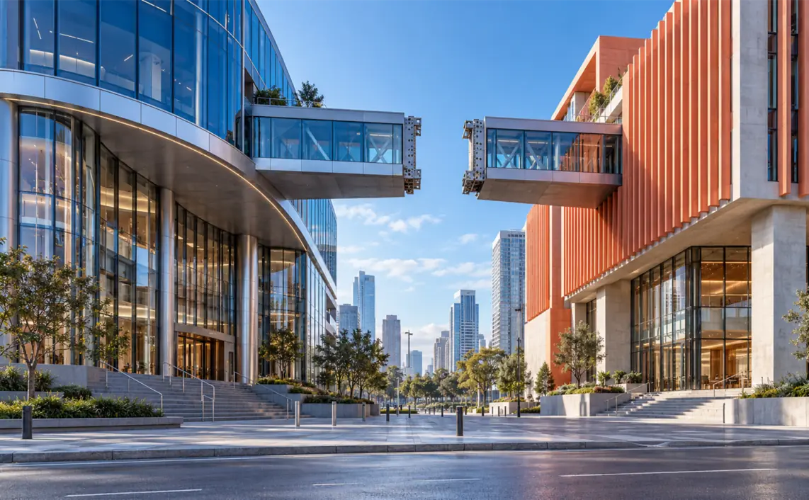 Two distinct blue and coral buildings have separate entrances and an unfinished skybridge with a visible gap.