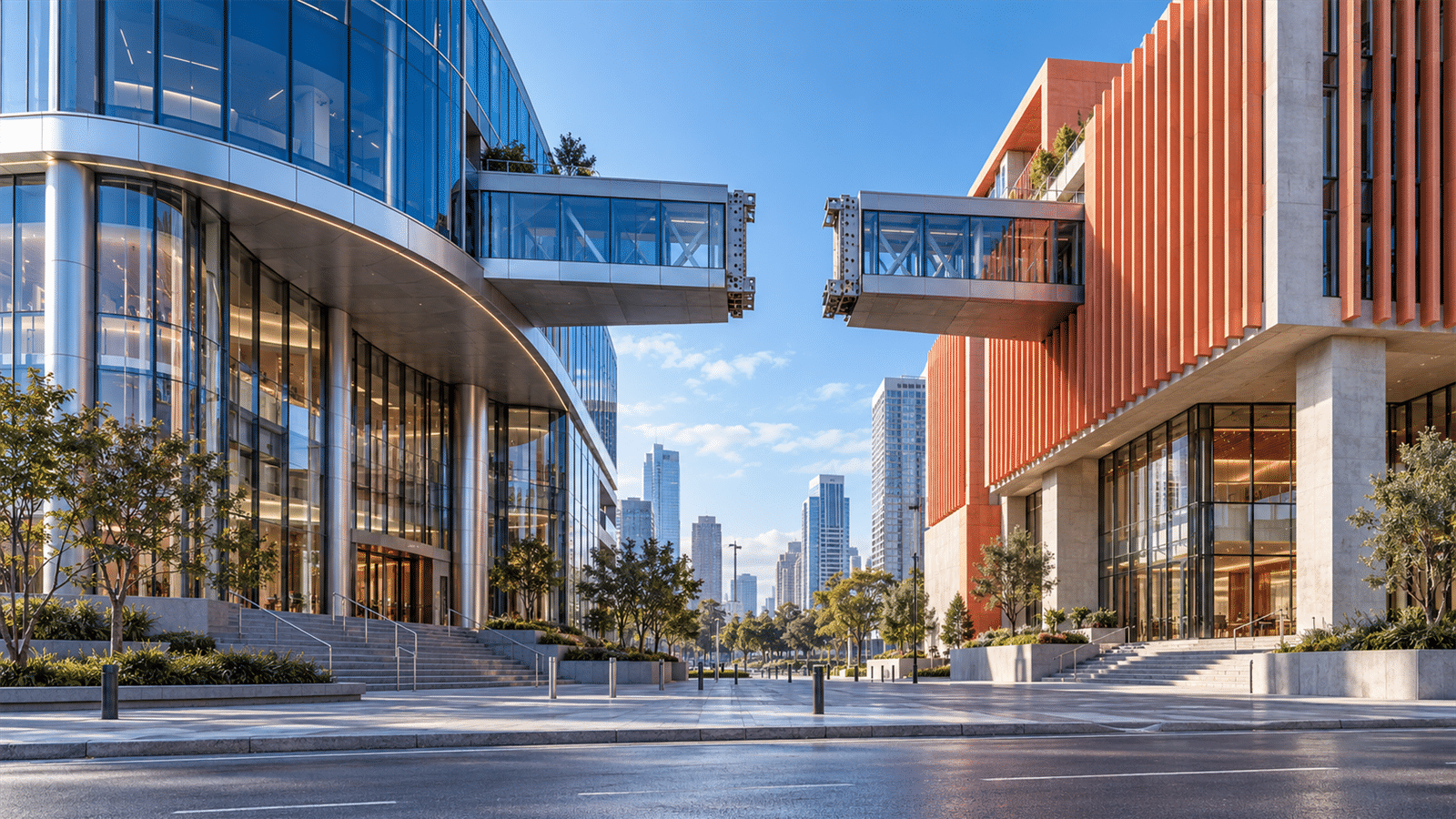 Two distinct blue and coral buildings have separate entrances and an unfinished skybridge with a visible gap.