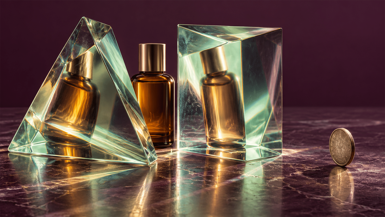An amber bottle appears differently through two glass prisms while a single metal coin stands apart on a plum-colored surface.