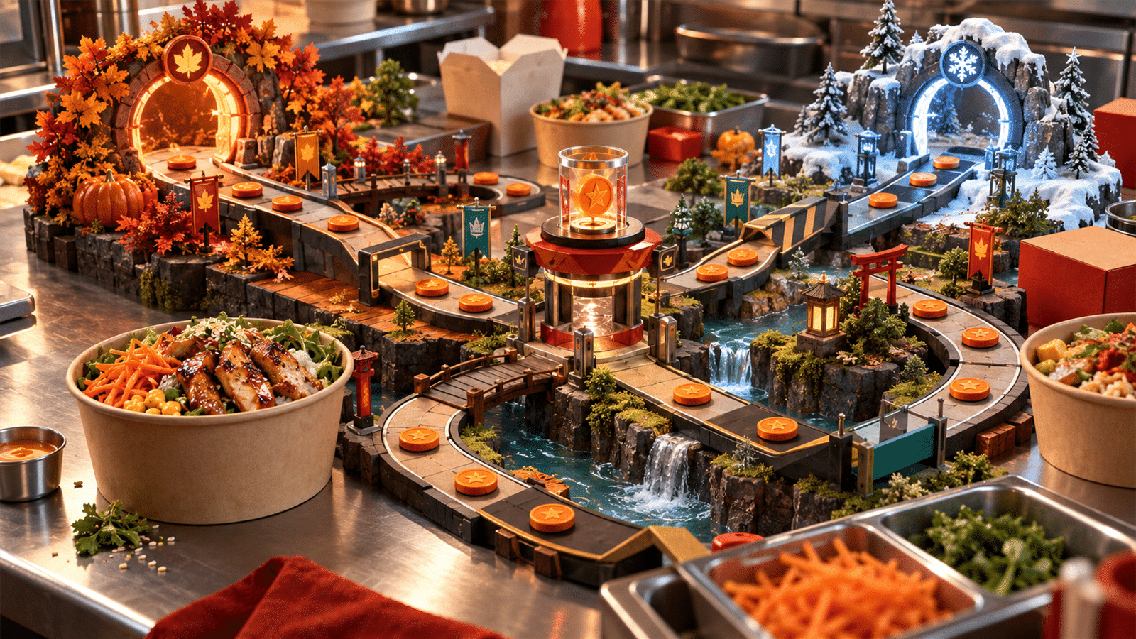 A restaurant prep table holds a miniature game-world path with seasonal portals, orange tokens, takeout bowls and checkpoint gates.