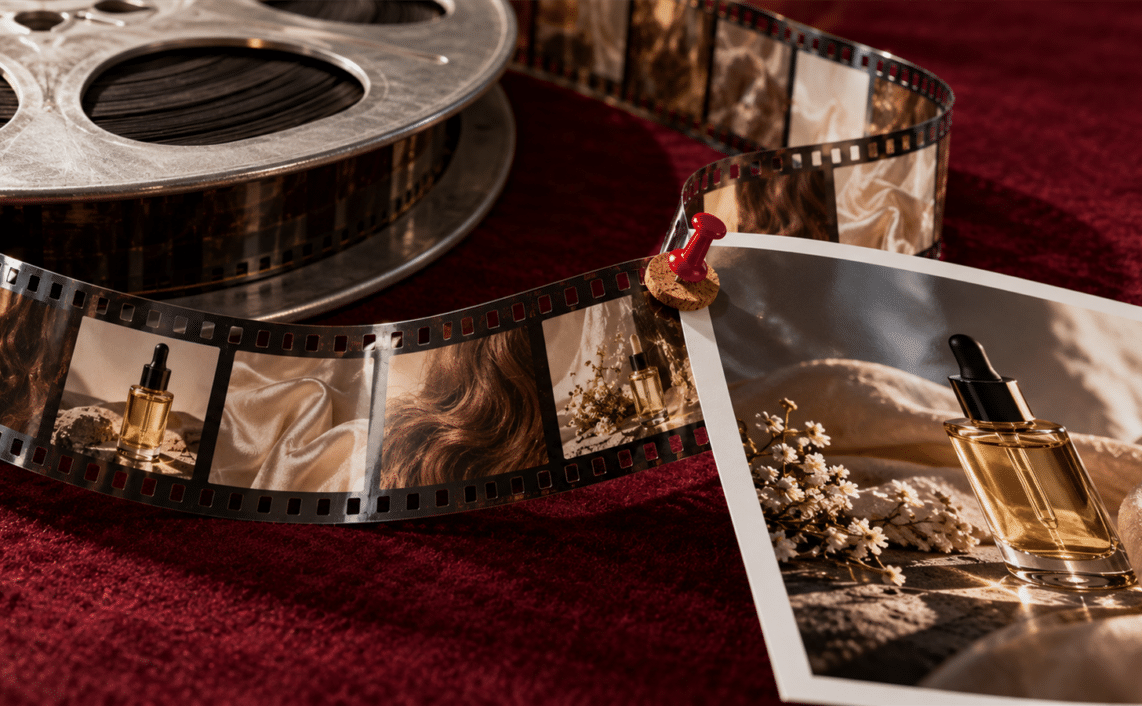 A red pushpin joins a glossy beauty photograph to a curling photographic filmstrip beside a silver cinema reel.