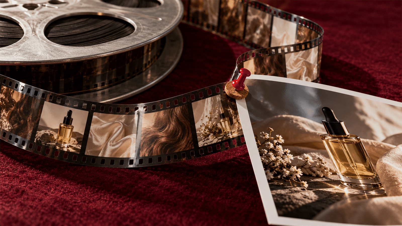 A red pushpin joins a glossy beauty photograph to a curling photographic filmstrip beside a silver cinema reel.