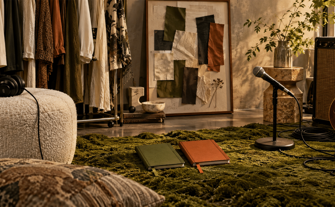A fashion and music studio with a garment rail, microphone, moss-textured floor, fabric swatches and two notebooks symbolizing shared creative control.