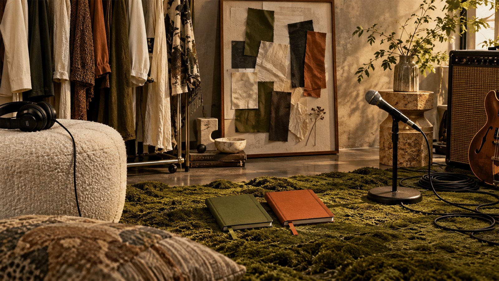 A fashion and music studio with a garment rail, microphone, moss-textured floor, fabric swatches and two notebooks symbolizing shared creative control.