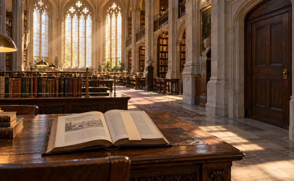 An open book with a covered passage sits in a sunlit library beside a separate closed archive door.