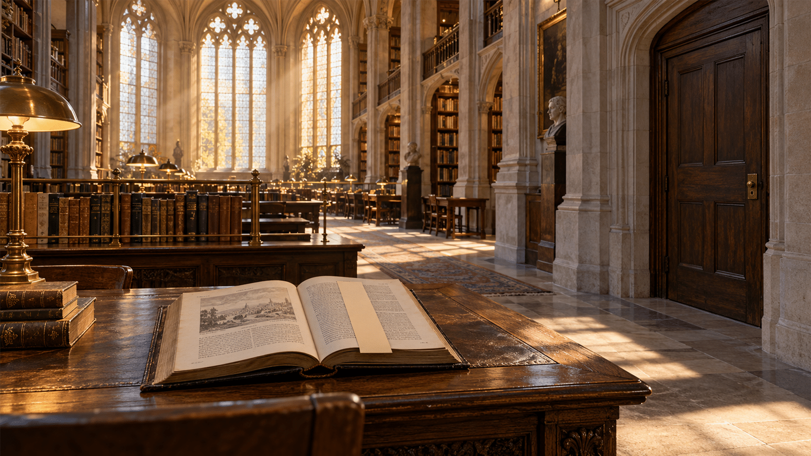 An open book with a covered passage sits in a sunlit library beside a separate closed archive door.