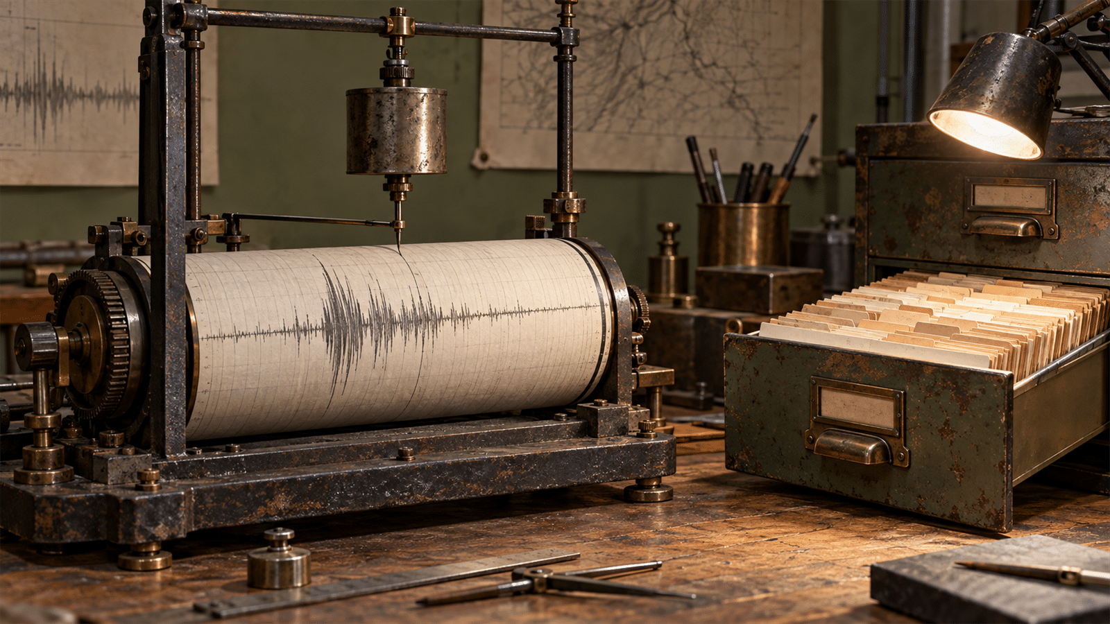 A mechanical seismograph records vibration beside an intact open metal card-index drawer under a workshop inspection lamp.