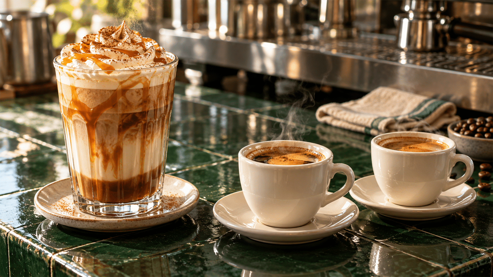 One tall cream-topped coffee and two plain ceramic coffees sit separately on a green tiled cafe counter, contrasting order value with order count.