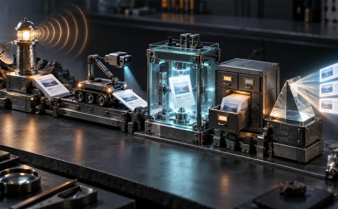A miniature search-processing facility moves page sheets from a discovery beacon through a crawler rail, rendering chamber, archive drawer and serving prism.