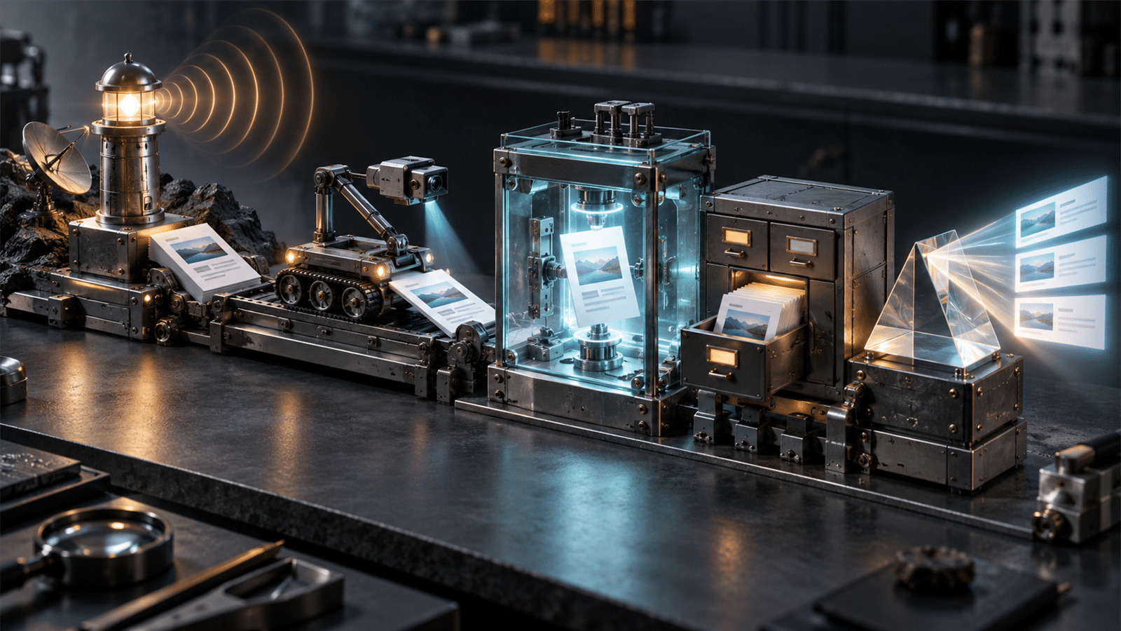 A miniature search-processing facility moves page sheets from a discovery beacon through a crawler rail, rendering chamber, archive drawer and serving prism.