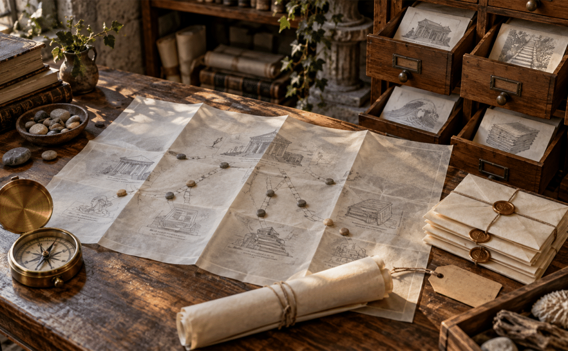 An archive table with translucent site maps, breadcrumb stones, a brass compass and sealed crawl-path envelopes for SEO discovery diagnostics.