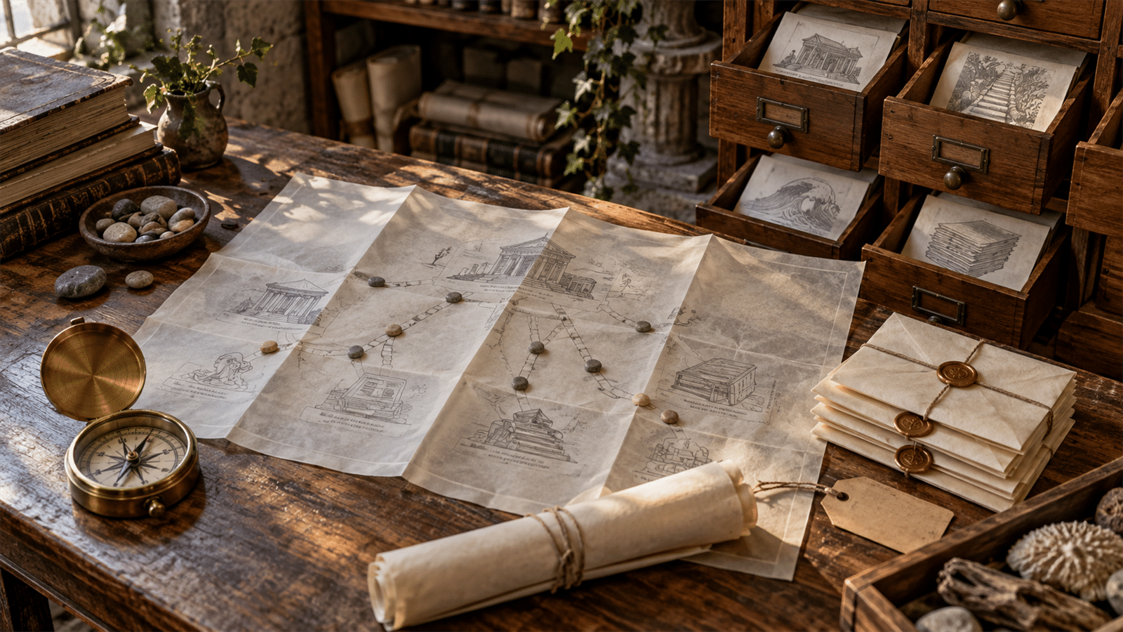 An archive table with translucent site maps, breadcrumb stones, a brass compass and sealed crawl-path envelopes for SEO discovery diagnostics.