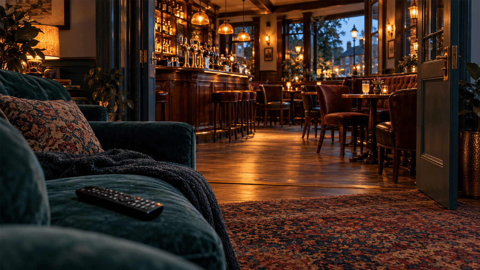 An unused television remote rests on a teal sofa beside an open doorway leading into a warmly lit empty pub.