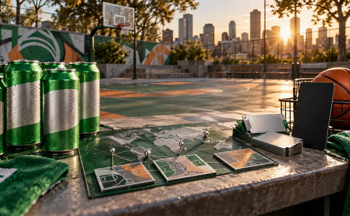 Unbranded green cans, basketballs, ticket tokens and court tiles sit beside a global route map on an empty sunset basketball court.