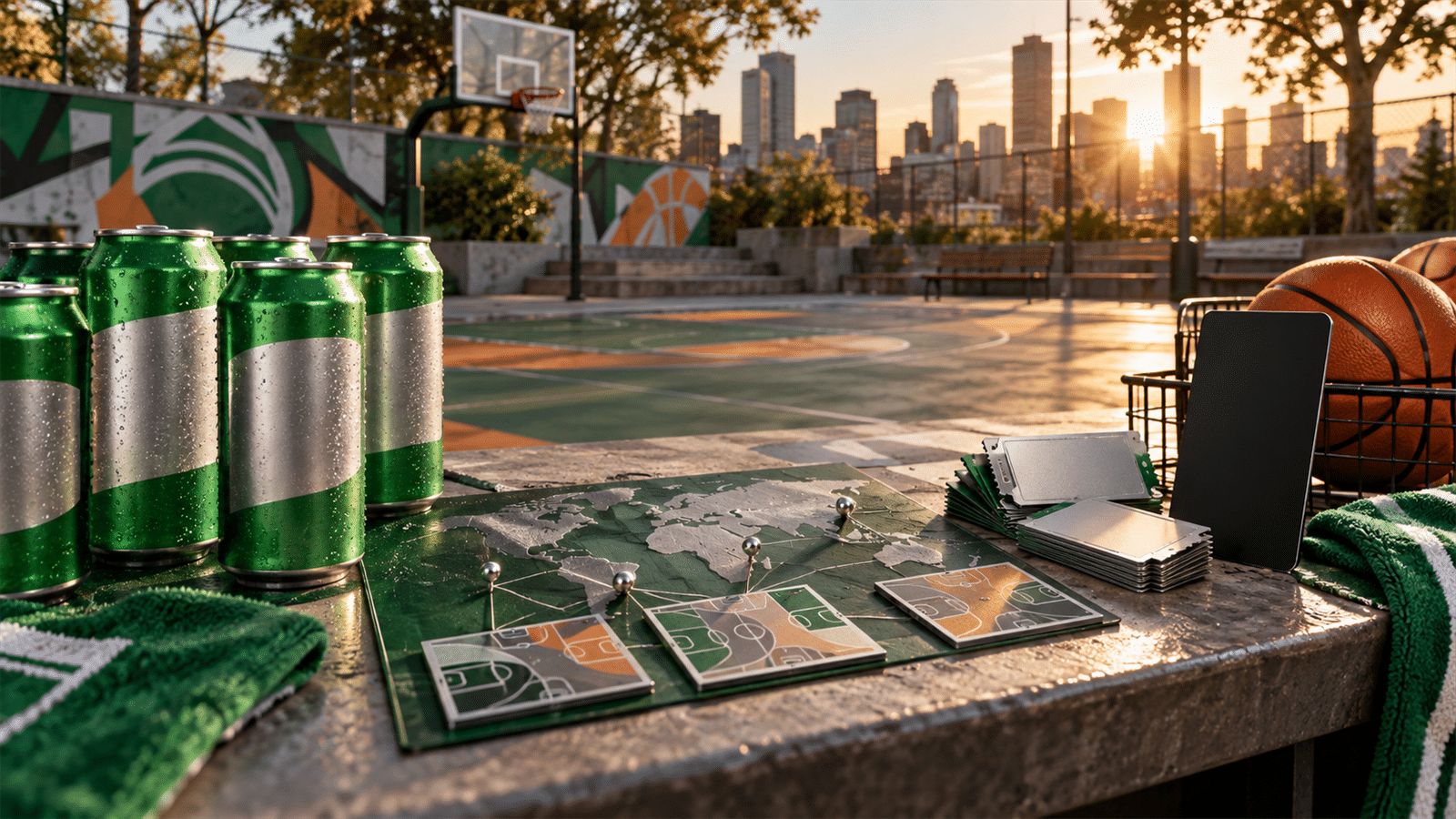 Unbranded green cans, basketballs, ticket tokens and court tiles sit beside a global route map on an empty sunset basketball court.
