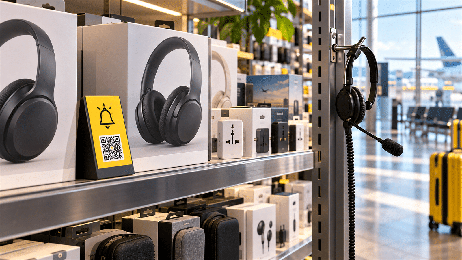 A yellow shelf help marker stands beside boxed headphones, with a staff communication headset hanging in an airport travel shop.