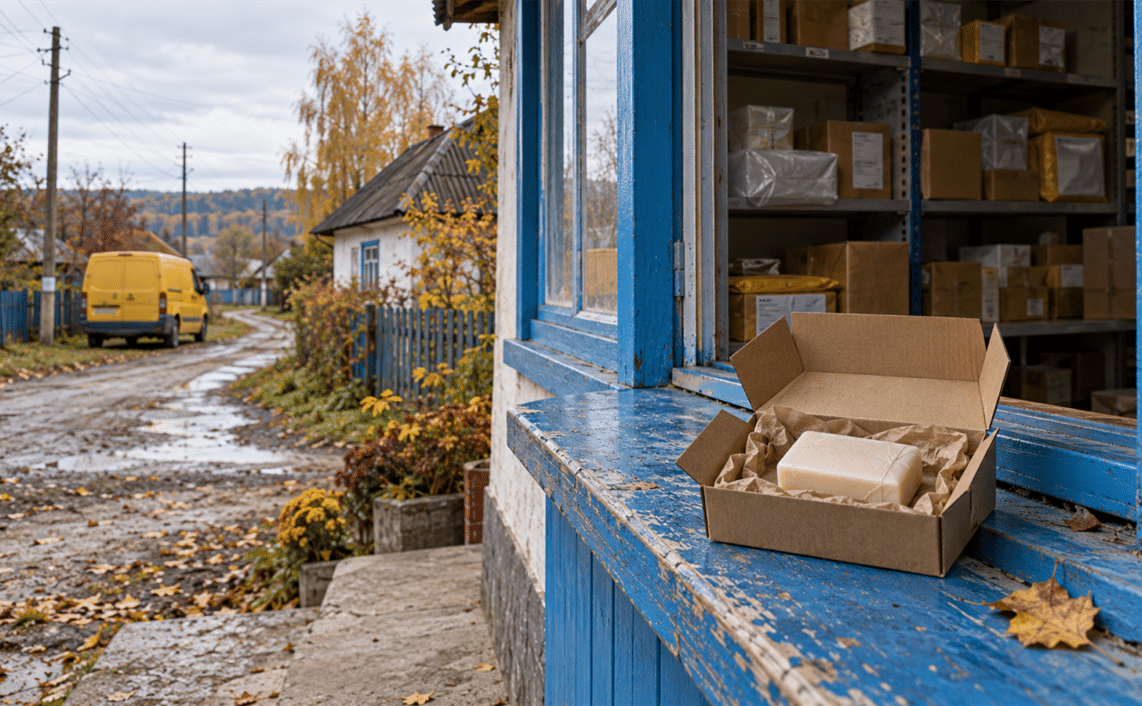 A small parcel holding one bar of soap rests at a village postal hatch, with parcel shelves and a yellow van nearby.