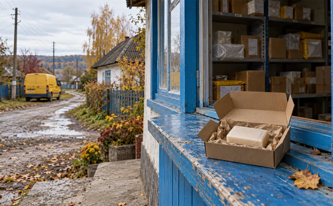 A small parcel holding one bar of soap rests at a village postal hatch, with parcel shelves and a yellow van nearby.