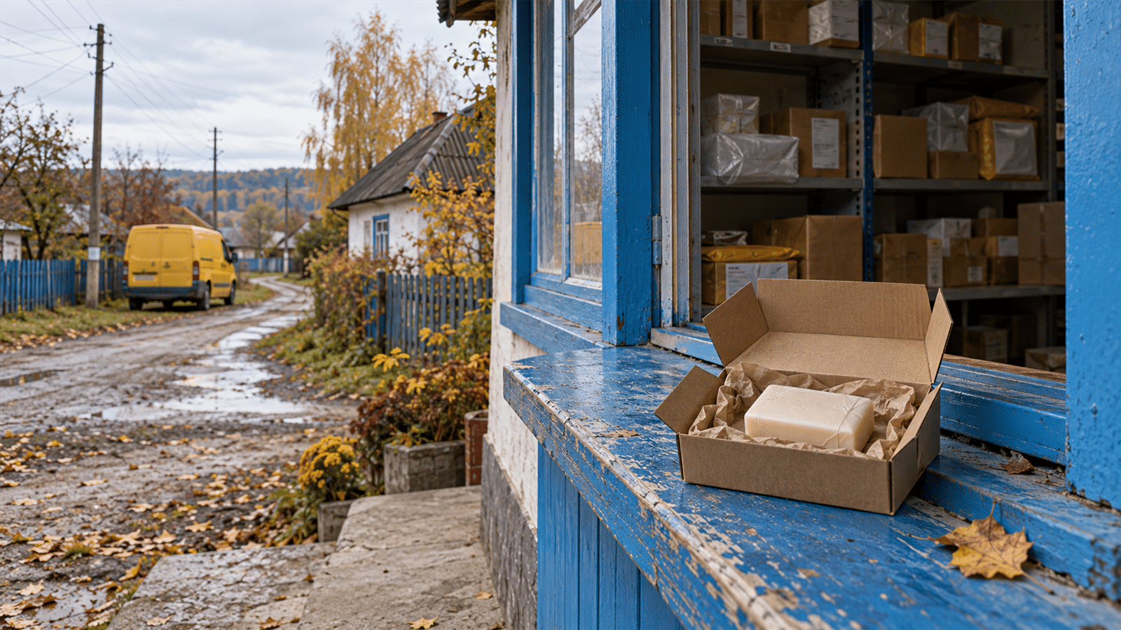A small parcel holding one bar of soap rests at a village postal hatch, with parcel shelves and a yellow van nearby.