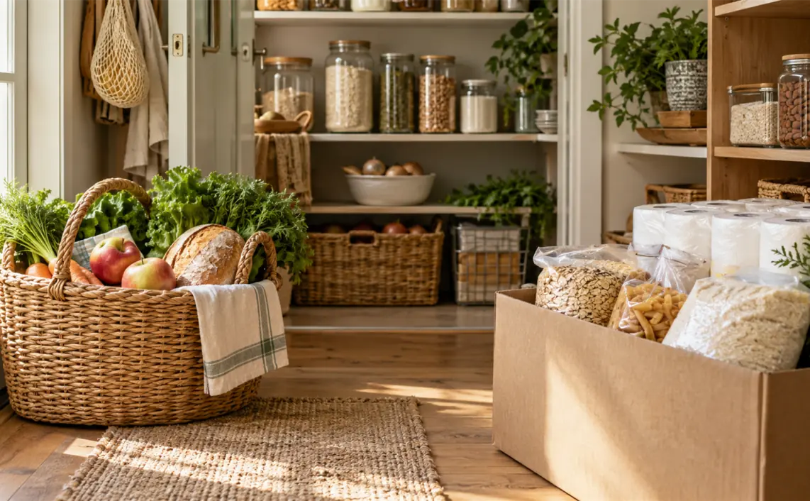 A basket of fresh groceries and a bulk carton of pantry staples and paper goods stand beside the same home pantry.