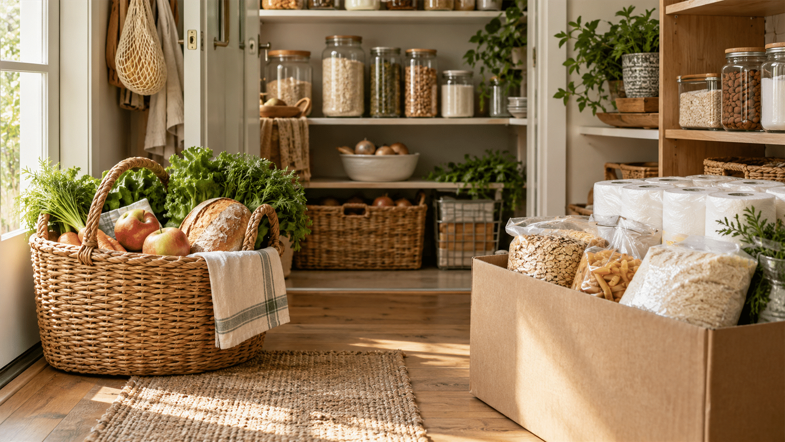 A basket of fresh groceries and a bulk carton of pantry staples and paper goods stand beside the same home pantry.