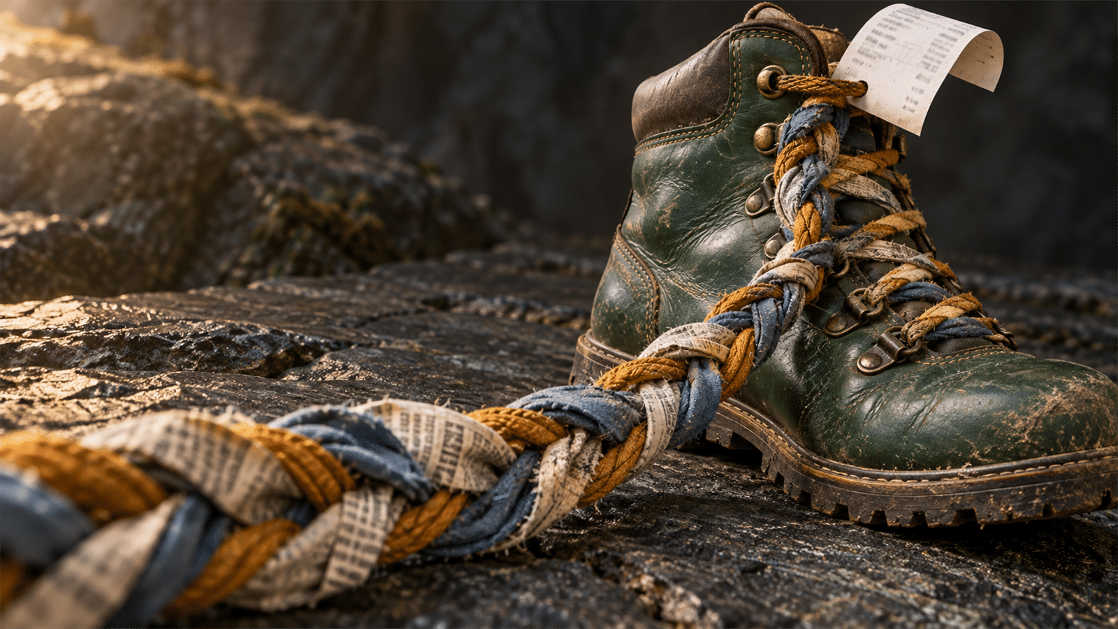 A green hiking boot is laced with a braid of cotton, fabric and newsprint, with a small receipt resting at the final eyelet.