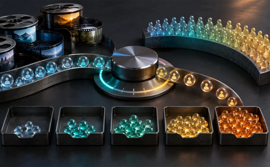 Film reels, audience tokens and glowing impression beads flow through a metal frequency control dial into capped exposure trays.