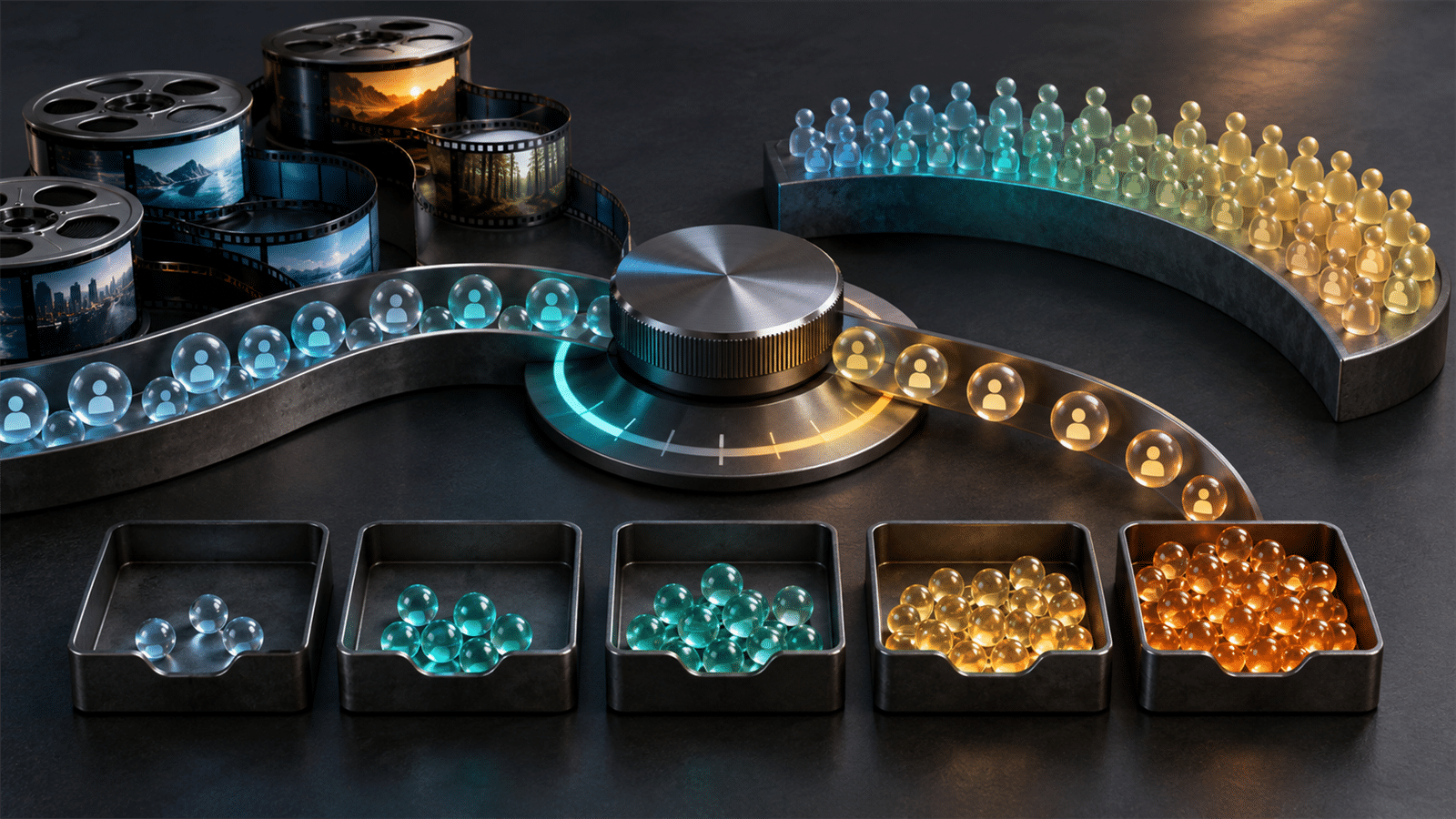 Film reels, audience tokens and glowing impression beads flow through a metal frequency control dial into capped exposure trays.